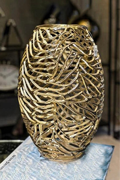 LEMİ DEKORASYON Peacock Zebra Desenli Döküm Dekoratif Gold Vazo 38 Cm