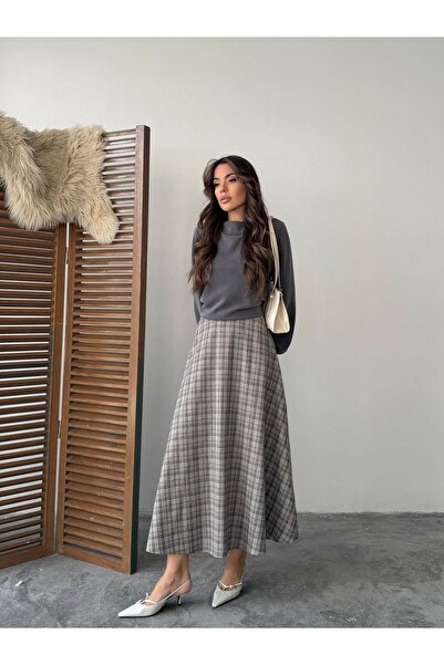 MODA Elite Women's Plaid Patterned Flared Skirt