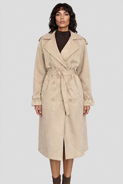 Trend Alaçatı Stili Women's Beige Trench Coat with Shoulder Epaulettes and Be...