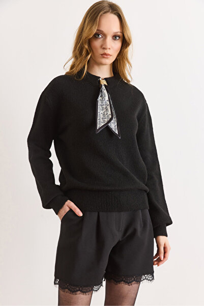 Olalook Women's Black Scarf Detailed Soft Textured Knit Sweater Kzk-19001132