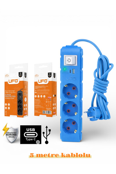 UFO Akım korumalı grup priz 5 mt kablolu anahtarlı mavi 3 lü ve USB+type-c şa...