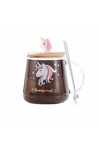 PUFO Unicorn glass mug with bamboo lid, for coffee or tea, 350 ml, transparent
