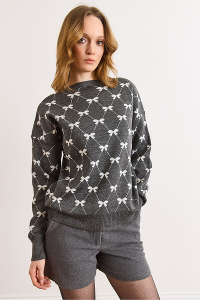 Olalook Kadın Gri Fiyok Baklava Desenli Triko Kazak KZK-19001123