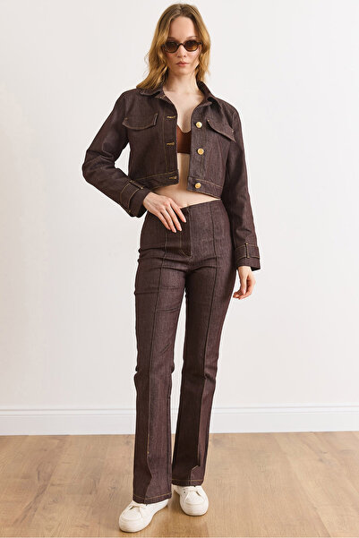 Olalook Women's Brown Top Lined Jacket Bottom Stitching Detail Pants Denim Su...