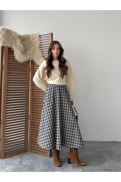 MODA Elite Women's Plaid Patterned Flared Skirt