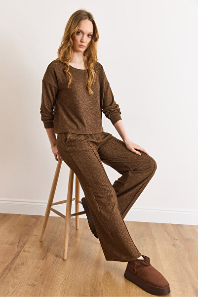 Olalook Kadın Kahverengi Pantolon Bluz Loose Fit Yumoş Takım TKM-19000472