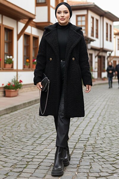 hafsamina Two Button Plush Coat Black Hm262506