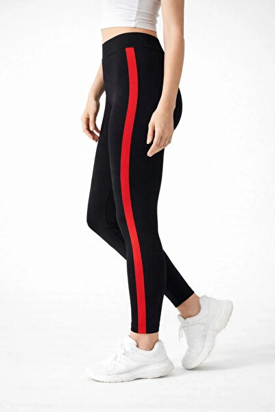 BLACK MODBLACK Women's Lycra Tights with Red Side Stripes - Black