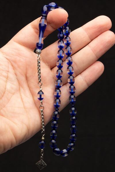 EHİNOS Men's 7x11mm Parliament Blue Vernier Powder Amber Prayer Beads