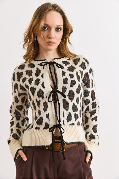 Olalook Women's Stone Lace Detailed Soft Textured Leopard Cardigan Hrk-19000460