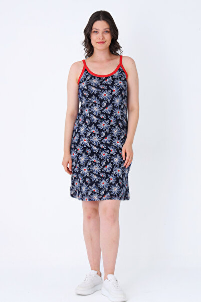 İntensive Women's Navy Blue Patterned Strap 100% Cotton Dress