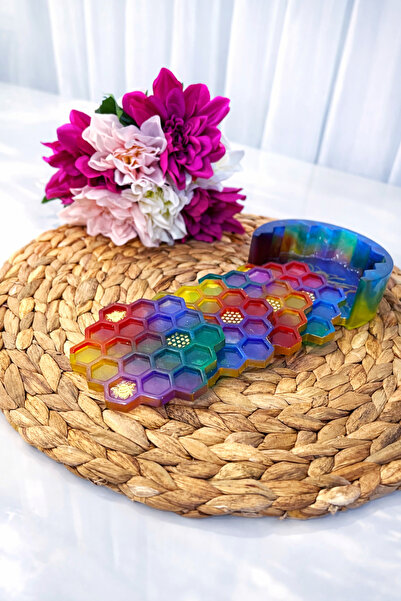 VİVA El Yapımı Epoksi Bardak Altlığı Seti | Petek Desenli | Renkli & Dekorati...