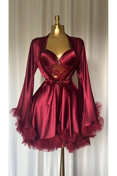 MH Moony Homewears Kutuşu Feo Burgundy Sleeve Detail Satin Nightgown Dressing...
