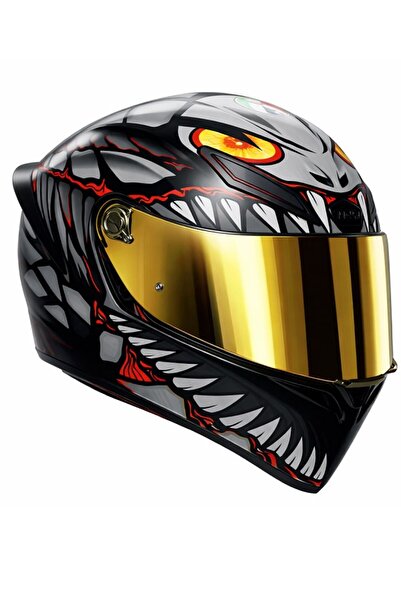 AGV KASK/K1 S E2206 LYZARD MATT BLACK GREY RED CONFİGURATİON-GOLD VİZÖR