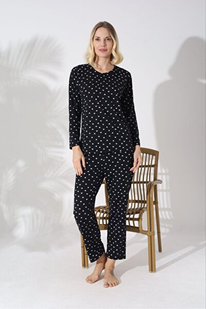 PİJART Black Cotton Heart Patterned Long Sleeve Knitted Women's Pajama Set