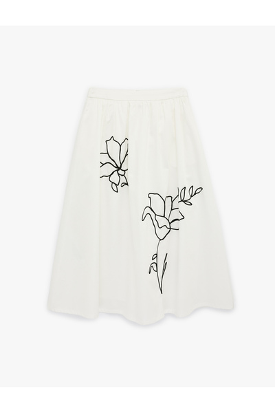 Koton Linen Blend Midi Floral Flared Skirt