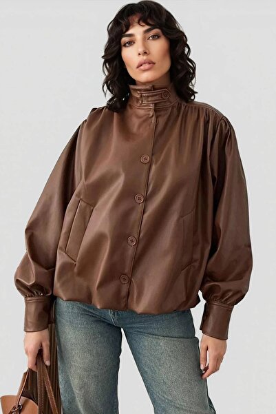 Trend Alaçatı Stili Women's Brown Mock Neck Faux Leather Bomber Jacket Alc-X1...