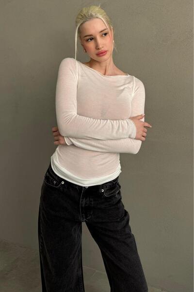 Madmext White Boat Neck See-Through Women Blouse Mg2663