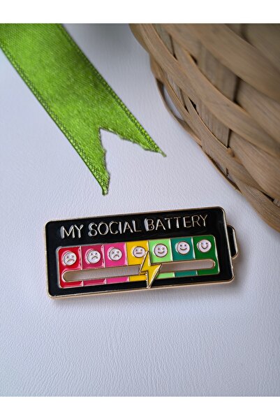 Esey Dizayn My Social Battery Rozet Metal Broş - Yaka Rozet - Çanta Broş - Şa...