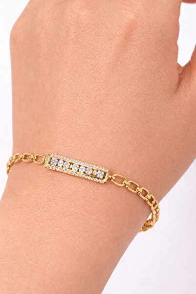 femline Women's Gold Color Rectangular Shiny Stone Chain Women's Bracelet