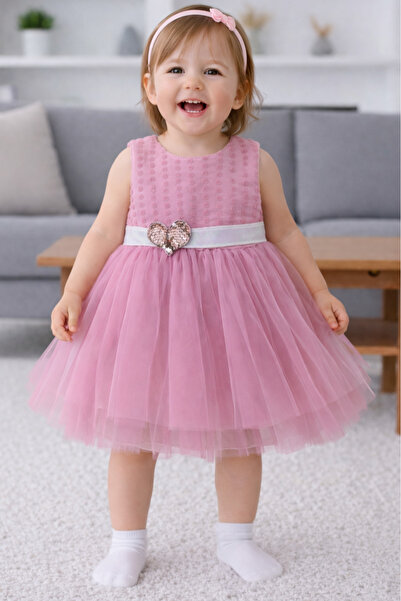 EYMİRGİYİM Baby Girl Children's Dress with Sequin Heart Lined Tulle Skirt 3-6...