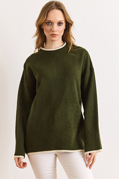 Olalook Women's Khaki Striped Detail Soft Textured Knitwear Sweater Kzk-19001129