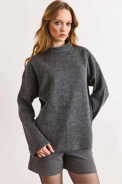 Olalook Women's Smoked Crew Neck Skirt Thick Fitted Loose Fit Sweater Kzk-190...