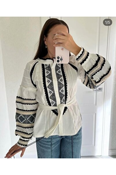 Sosyete Kaplumbağa Ethnic Pattern Cross-Stitch Embroidery, Buttoned, Belted R...