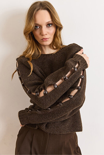 Olalook Women's Brown Sleeve Low-Cut Stone Detailed Soft Textured Sweater Kzk...