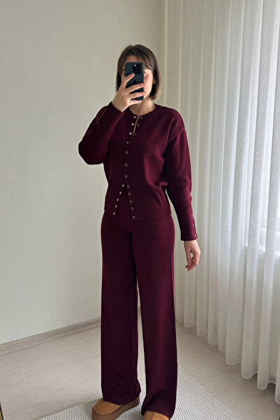 Kubos Moda Buttoned Knit Cardigan and Pants Set with Waist Detail