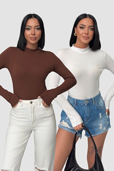 Lunamiratto Women's 2-Piece Long Sleeve Bodysuit White - Brown Half Turtlenec...