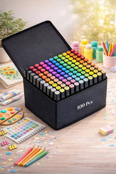 SYN AKSESUAR 100’lü Çantalı Çift Taraflı Keçeli Kalem Seti – Profesyonel Mark...