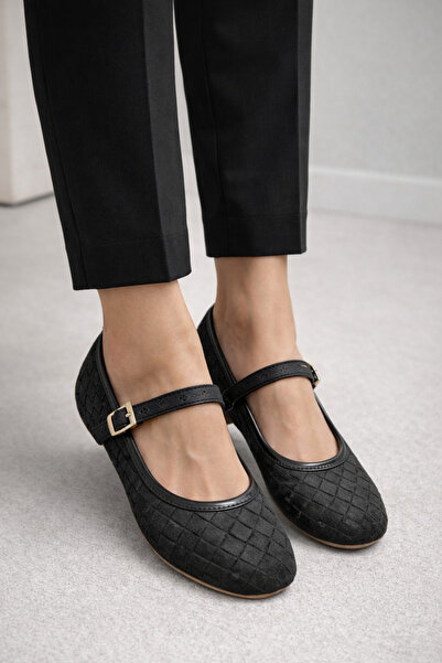 MOON CLOUD Black Suede Knitted Patterned Ballet Flats Home-Office Shoes Zyn108
