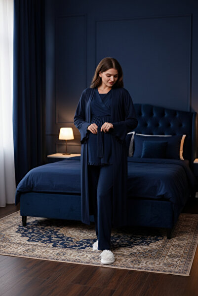 Yulem Homewear Navy Blue Double-Breasted Cotton Maternity Pajama Set with Nur...
