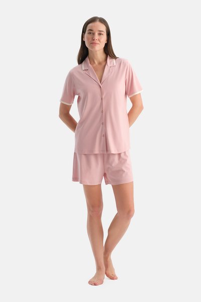 Dagi Açık Pembe Kısa Kollu Pamuk Modal Gömlek Şort Pijama Takımı