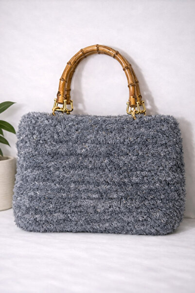 BY AKTEPE STORE Handmade Plush Knitted Wooden Handle Women's Bag – Winter & E...