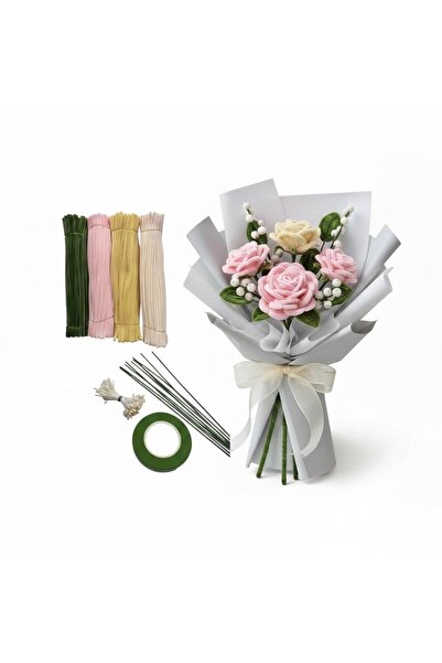 Hobialem 100 Adet Pastel Tonlarda Şönil Buket Çiçek Yapım Seti Kiti + Çiçek B...
