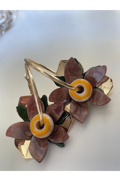 JEWELRY Gold Color Hoop Earrings with Flower Shape Detail - Multi Color