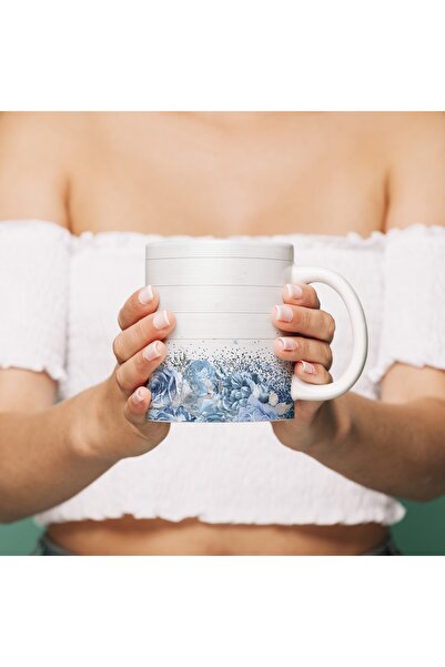 Beramussa Blue Floral Patterned Mug – Floral Detailed Design Cup – Gift for B...
