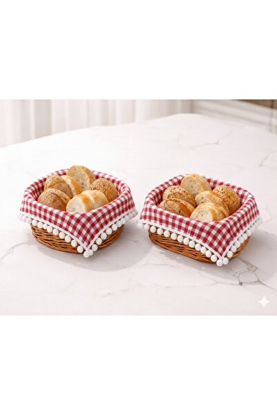 senmasy Red Gingham Pompom Bread Basket Cover Set of 2 - 40*40 cm