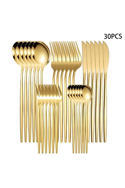 evimmabedim Gold Paslanmaz Çelik Lüks Çatal Kaşık Bıçak Takımı Modern ve Şık Set