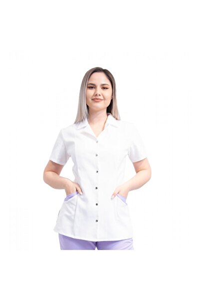 LifeStyle Medical Halat medical dama, maneca scurta, inchidere cu capse, cu i...