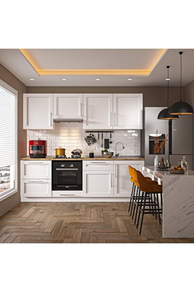 DEKOREX Pia Beyaz 240 Cm Asp. Fırın Ve Çekmece Modüllü Meşe Tezgahlı Hazır Mu...