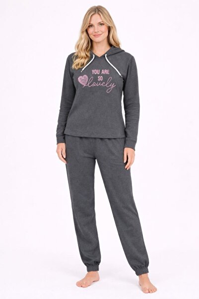 Burcumay Women's Hooded Winter Grey Tracksuit Pajama Set