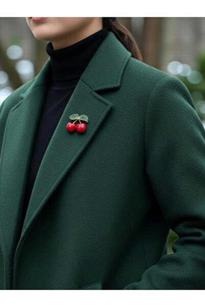 modamira Taşlı Yeşil Yaprak Detaylı Kırmızı Kiraz Broş | Ebat:3,5cm