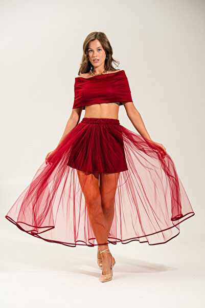 Rose Quenn Piped Detail Mini Burgundy Tulle Skirt Made of Single Layer Tulle