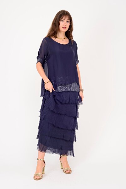 Park Moda 7266 Bat Sleeve Sequence Detail Layered Silk Dress