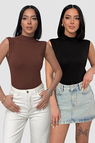 Lunamiratto Women's 2-Piece Sleeveless Bodysuit Zero Sleeve High Neck Bodysui...