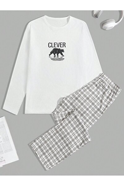 CARLA MARA Men's Long Sleeve Printed Pajama Set with Plaid Pants White