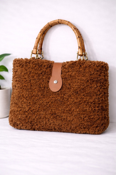 BY AKTEPE STORE حقيبة نسائية محبوكة يدويًا من القطيفة - حقيبة كتف شتوية وعادية
